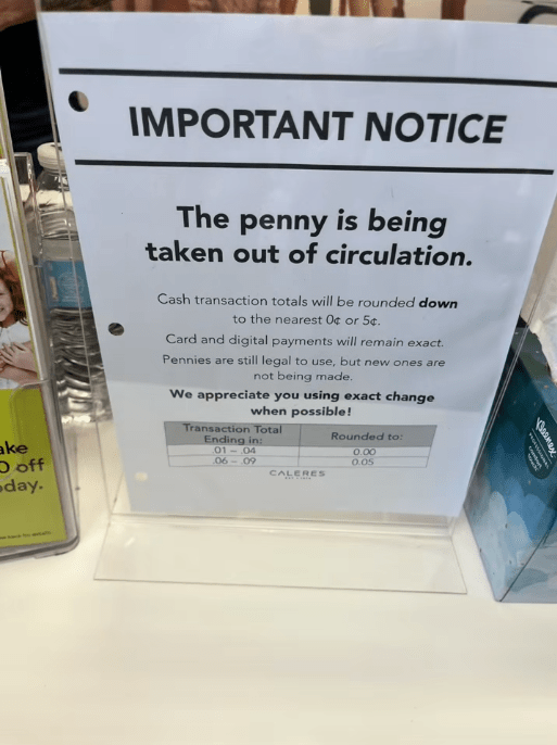 TikTok video showing a notice warning customers about the penny shortage and saying order totals will be rounded down to the nearest nickel.
