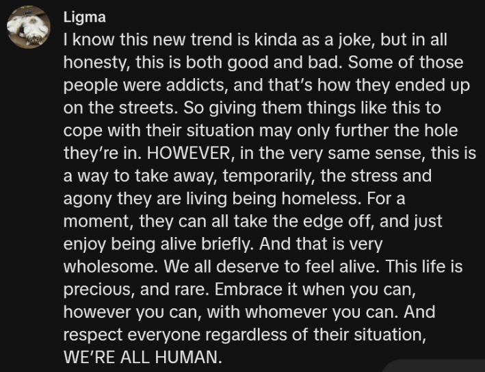 TikTok comment reading "I know this new trend is kinda as a joke, but in all honesty, this is both good and bad. Some of those people were addicts, and that’s how they ended up on the streets. So giving them things like this to cope with their situation may only further the hole they’re in. HOWEVER, in the very same sense, this is a way to take away, temporarily, the stress and agony they are living being homeless. For a moment, they can all take the edge off, and just enjoy being alive briefly. And that is very wholesome. We all deserve to feel alive. This life is precious, and rare. Embrace it when you can, however you can, with whomever you can. And respect everyone regardless of their situation, WE’RE ALL HUMAN."