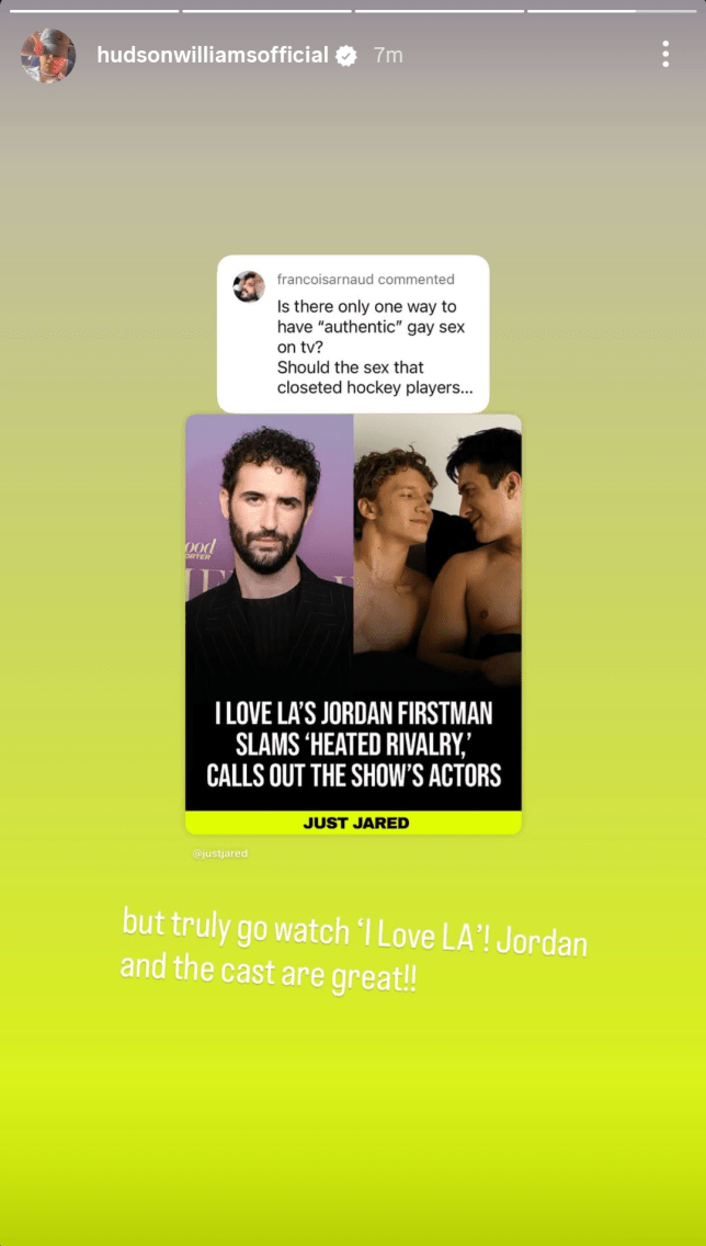 Instagram Story sharing a Just Jared post and François Arnaud's comment. Text overlay reads, "But truly go watch I Love LA! Jordan and the cast are great!!"