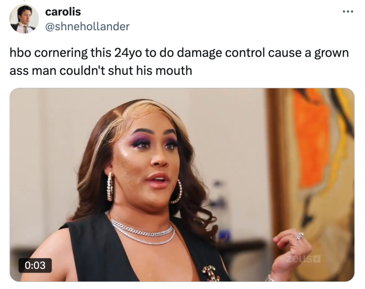 Tweet that reads, "hbo cornering this 24yo to do damage control cause a grown a** man couldn't shut his mouth"