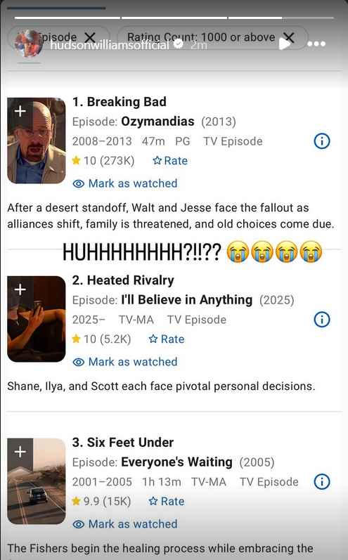 Hudson Williams's Instagram Story reacting to the news of Heated Rivalry episode five's rating on IMDb.