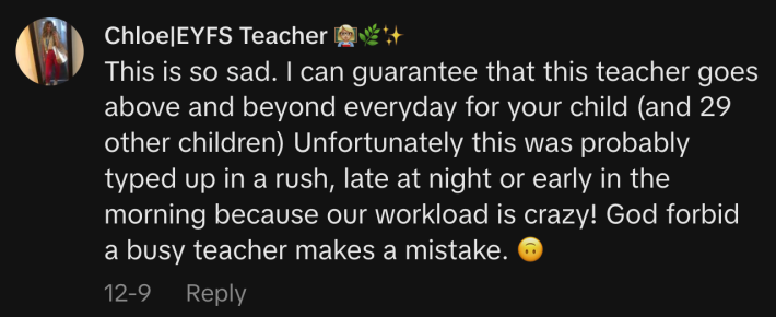 “This is so sad. I can guarantee that this teacher goes above and beyond everyday for your child (and 29 other children) Unfortunately this was probably typed up in a rush, late at night or early in the morning because our workload is crazy! God forbid a busy teacher makes a mistake. 🙃”