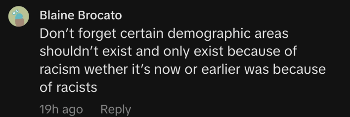 “Don’t forget certain demographic areas shouldn’t exist and only exist because of racism. Wether it’s now or earlier was because of racists.”