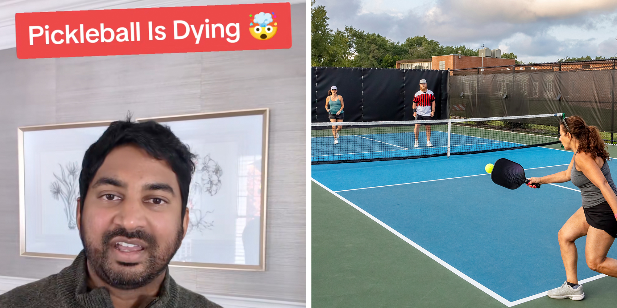 Left: Man looking into the camera, text overlay reads, "Pickleball is dying." Right: A female pickleball player returns a ball as her partner watches in a mix doubles match.