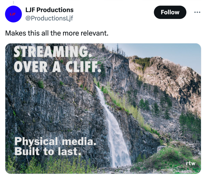 Tweet that reads, "Makes this all the more relevant." with a photo of a waterfall over a cliff. Text overlay reads, "Streaming over a cliff. Physical media. Built to last."