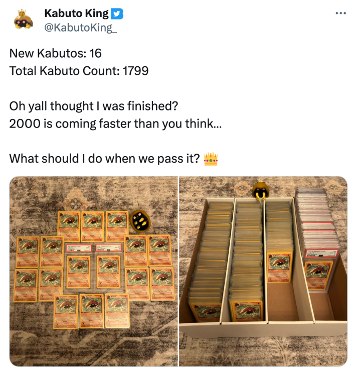 Tweet that reads, "New Kabutos: 16 Total Kabuto Count: 1799 Oh yall thought I was finished? 2000 is coming faster than you think… What should I do when we pass it? 👑" with two photos of their Kabuto collection.