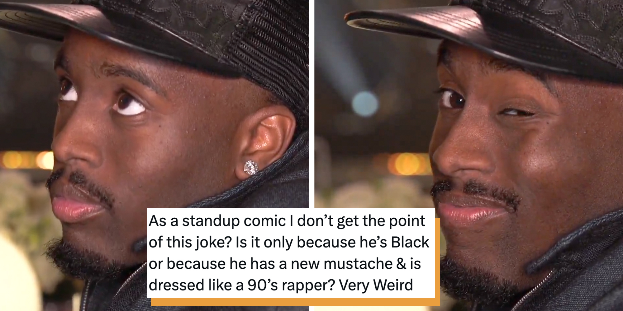 Streamer Kai Cenat at the 2025 Streamer Awards, looking up at the host. Text overlay reads, "As a standup comic I don’t get the point of this joke? Is it only because he’s Black or because he has a new mustache & is dressed like a 90’s rapper? Very Weird."