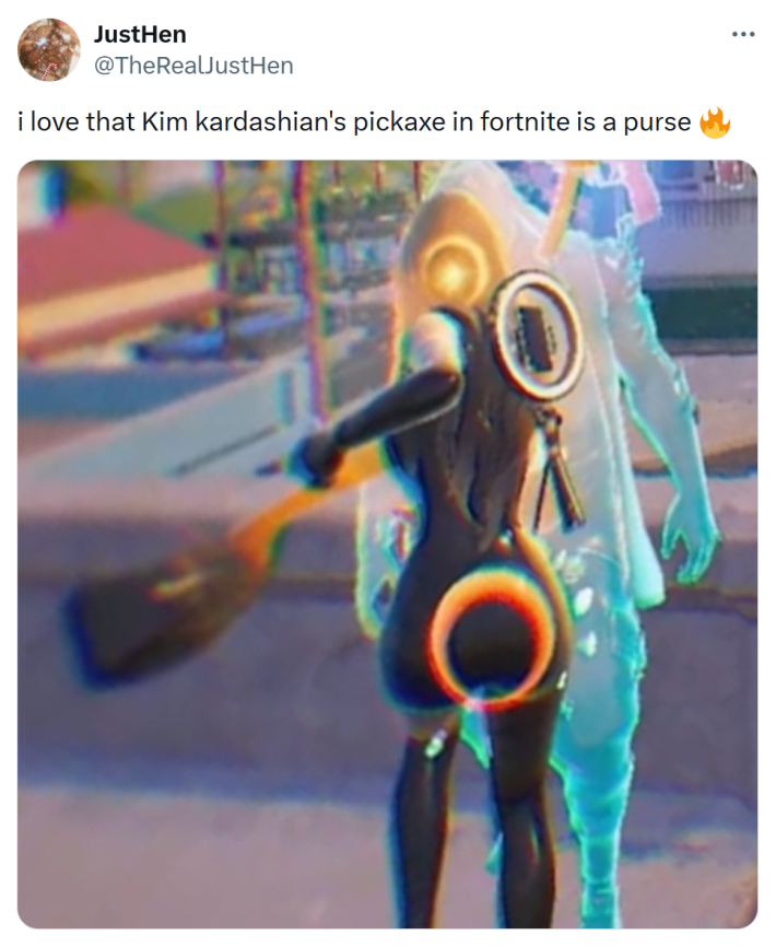 Tweet that reads, "i love that Kim kardashian’s pickaxe in fortnite is a purse 🔥"  with a screenshot of the gameplay.