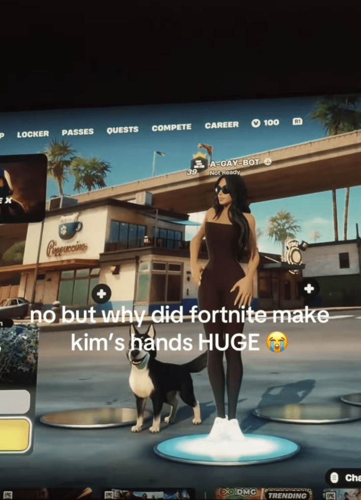 Still of the Kim K skin in Fortnite posing with her giant hands outside a cafe. Text overlay reads, "no but why did fortnite make kim's hands HUGE"