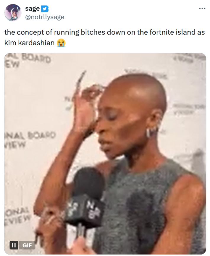 Tweet that reads, "the concept of running b*tches down on the fortnite island as kim kardashian. 😭"