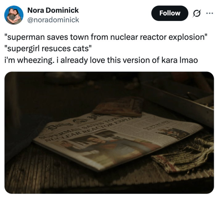 "superman saves town from nuclear reactor explosion""supergirl resuces cats"i'm wheezing. i already love this version of kara lmao