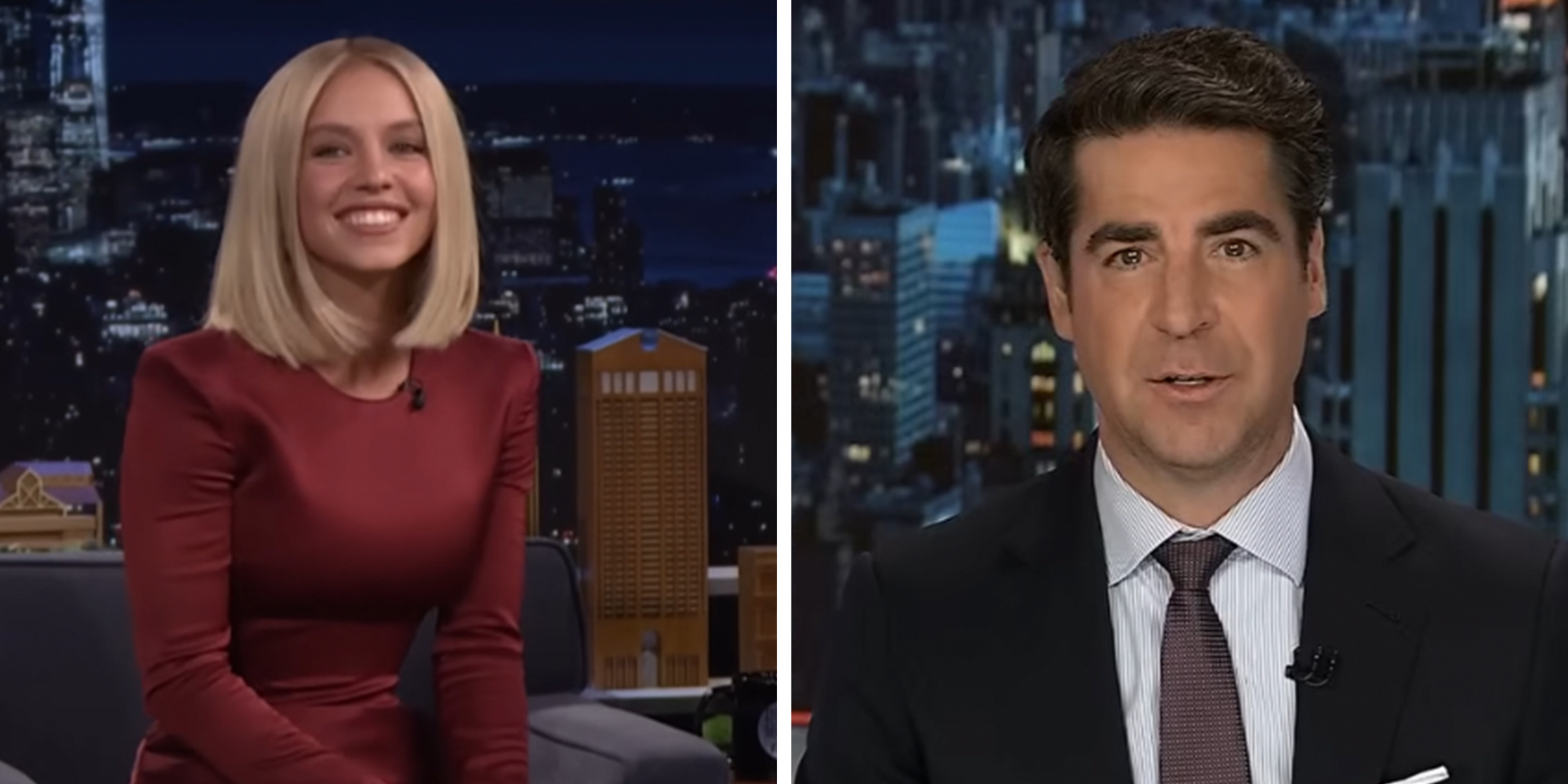 Left: Actress Sydney Sweeney wearing a maroon dress on the Jimmy Fallon couch, smiling at the audience. Right: Fox News host Jesse Waters during broadcast.