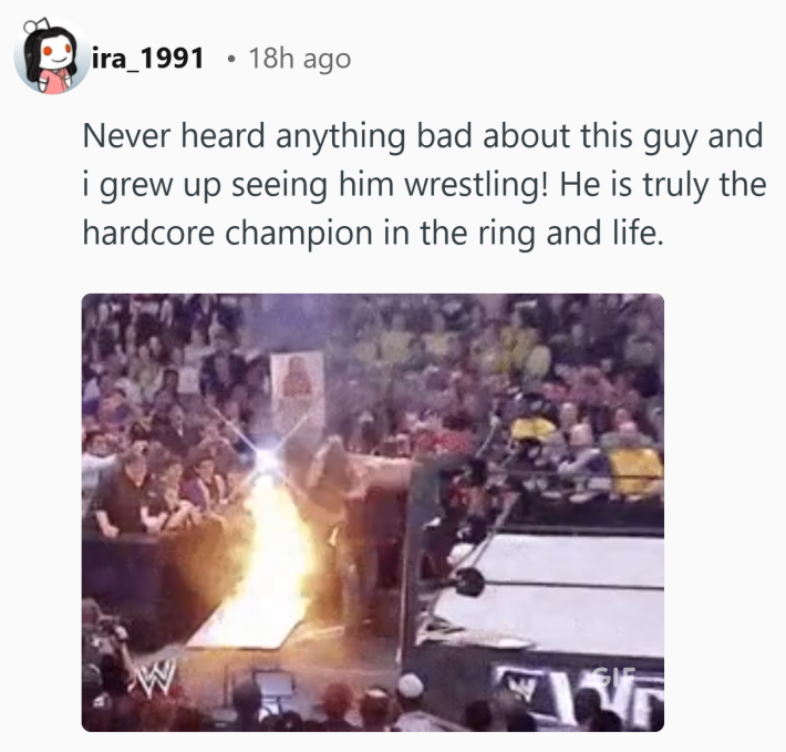 Reddit post that reads, "Never heard anything bad about this guy and i grew up seeing him wrestling! He is truly the hardcore champion in the ring and life." with a GIF of one of Foley's WWE shows.