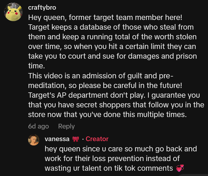 TikTok comments including one reading "Hey queen, former target team member here! Target keeps a database of those who steal from them and keep a running total of the worth stolen over time, so when you hit a certain limit they can take you to court and sue for damages and prison time. This video is an admission of guilt and pre-meditation, so please be careful in the future! Target's AP department don't play. I guarantee you that you have secret shoppers that follow you in the store now that you've done this multiple times."