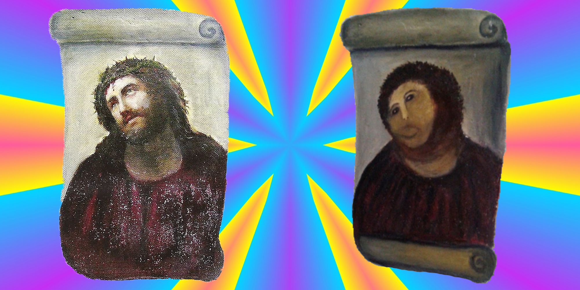 Ecce Homo painting by Elías García Martínez side by side of the attempted restoration of Ecce Homoa by Cecilia Giménez against a bright blue, pink, and yellow kaleidoscope style abstract background