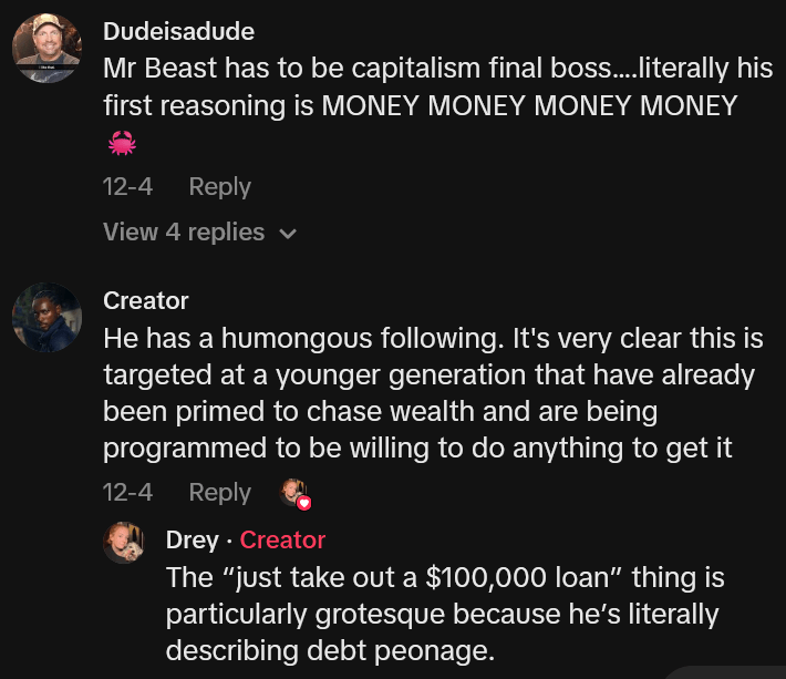 TikTok comments including one reading "Mr Beast has to be capitalism final boss….literally his first reasoning is MONEY MONEY MONEY MONEY"