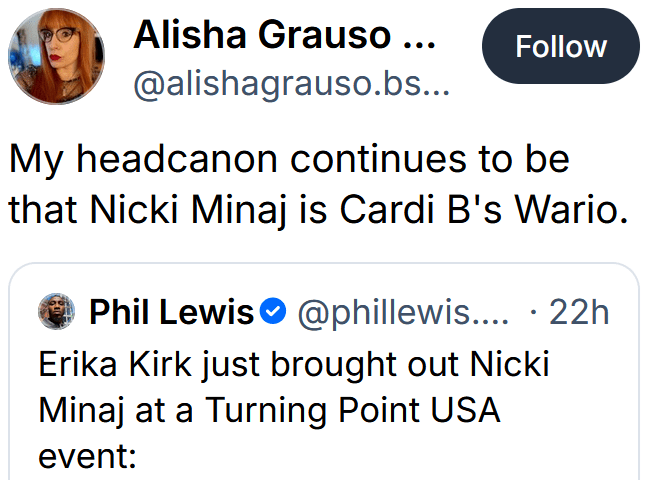 Bluesky post reading "My headcanon continues to be that Nicki Minaj is Cardi B's Wario."