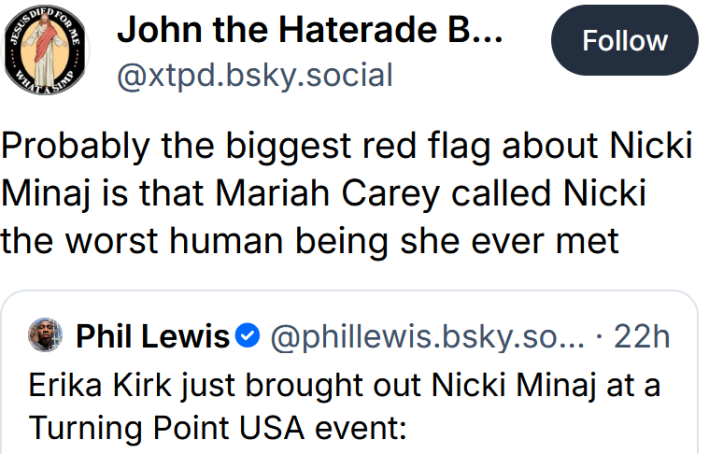 Bluesky post reading "Probably the biggest red flag about Nicki Minaj is that Mariah Carey called Nicki the worst human being she ever met"