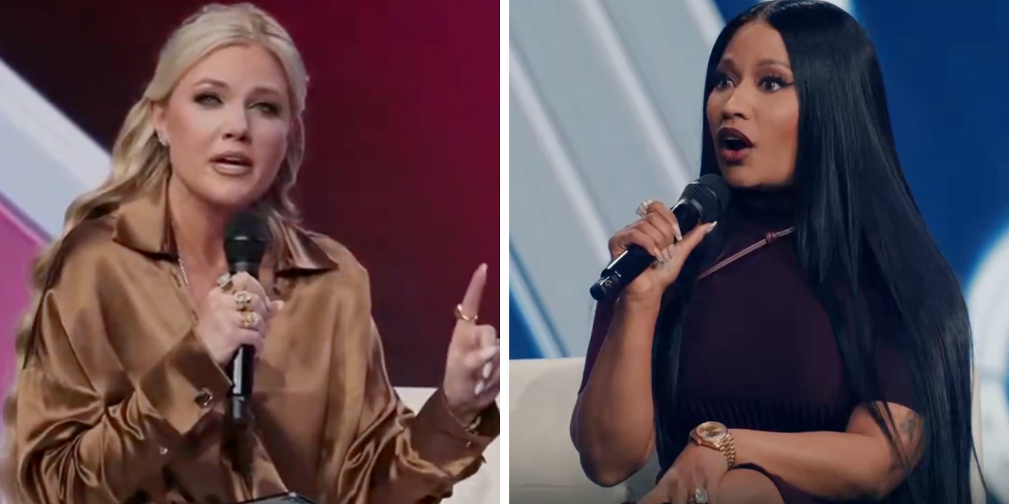 Left: Erica Kirk onstage at Turning Point USA event AmericaFest, wearing a shiny gold button-down shirt. Right: Nicki Minaj speaking into a mic at Turning Point USA event AmericaFest.
