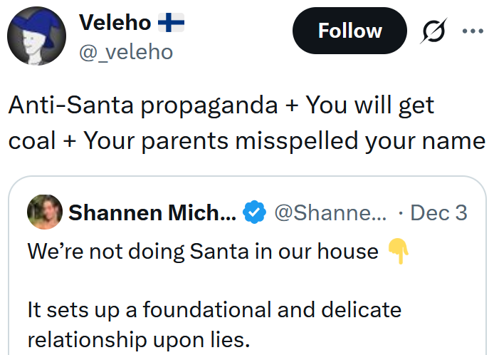 Tweet reading "Anti-Santa propaganda + You will get coal + Your parents misspelled your name"