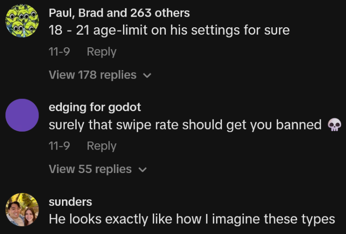 TikTok comments including one reading "18 - 21 age-limit on his settings for sure"