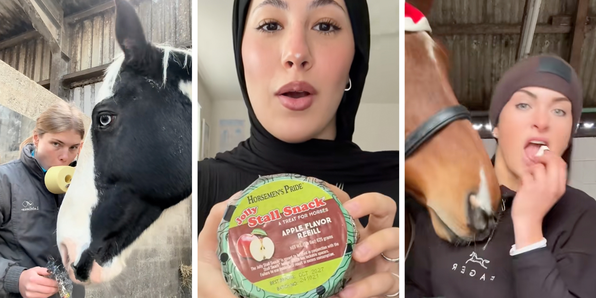Left: Woman eating a horse treat while standing next to her black and white horse. Middle: Woman holding Horsemen's Pride Jolly Stall Snack. Right: Woman eating horse treats while her horse nuzzles her.
