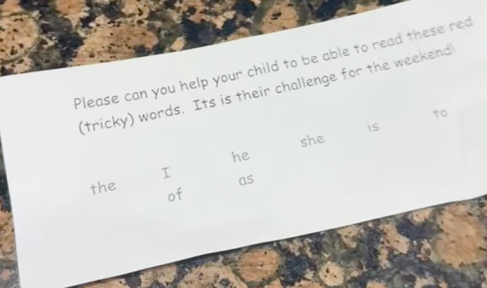 @riversideredhead/TikTok The pre-k assignment was printed on a slip of paper that read: Please can you help your child to be able to read these red (tricky) words. Its is their challenge for the weekend!” Beneath the message is a list of basic sight words, including “the,” “I,” “he,” “she,” “is,” and “to.”