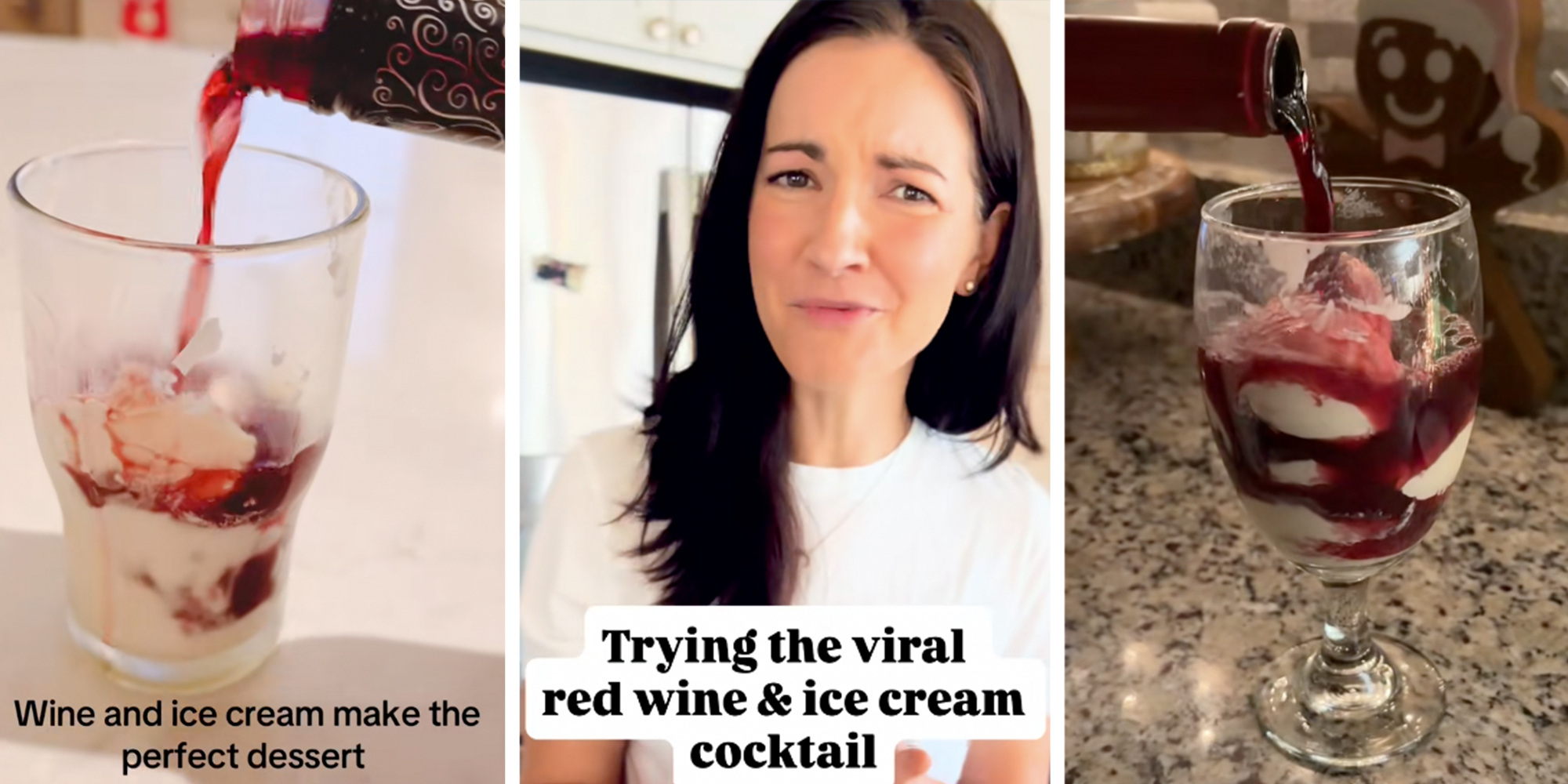 Left: A bottle of red wine being poured into a glass of vanilla ice cream. Middle: Woman in a white shirt looking into the camera, text overlay reads, "Trying the viral red wine & ice ceram cocktail." Right: A bottle of red wine being poured into a glass of vanilla ice cream.
