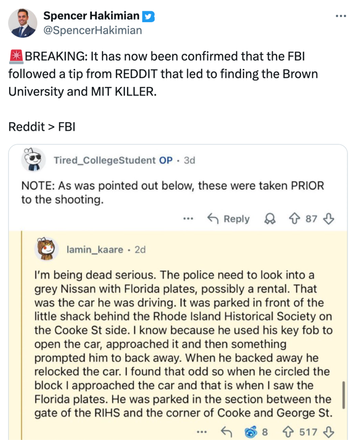 Tweet that reads, "🚨BREAKING: It has now been confirmed that the FBI followed a tip from REDDIT that led to finding the Brown University and MIT KILLER. Reddit > FBI" with a screenshot of the original Reddit post.