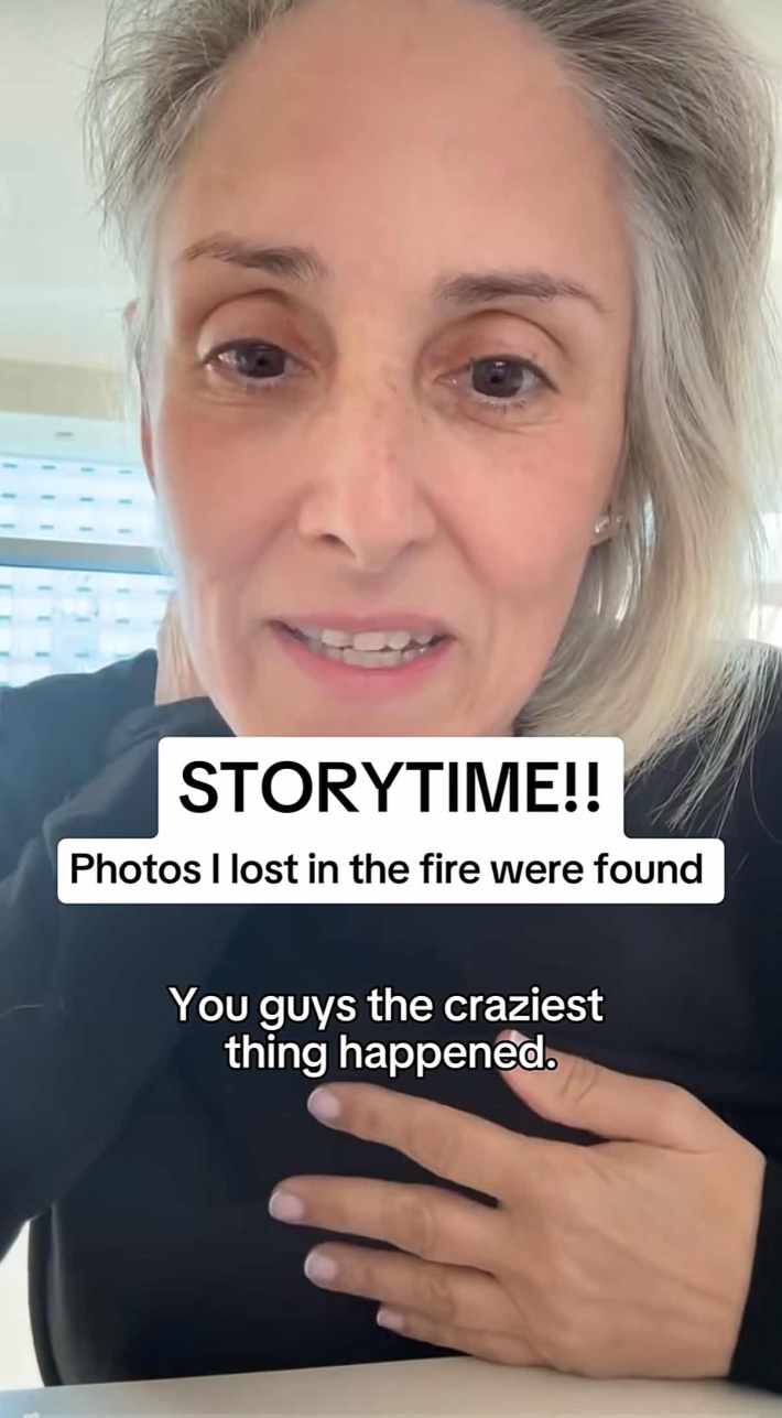 Ricki Lake talking to the camera, her hand pressed to her sternum. Text overlay reads, "Story time!! Photos I lost in the fire were found." and the closed caption reads, "You guys the craziest thing happened."