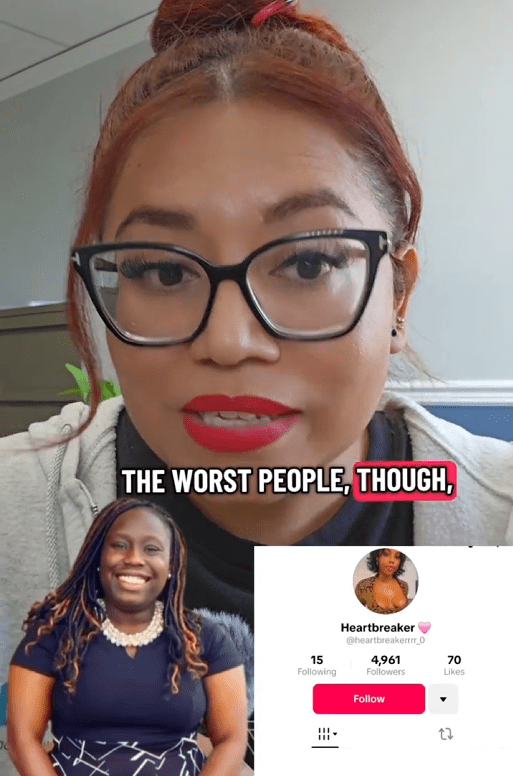 TikTok video of a woman speaking to the camera about Rizzi and Heartbreaker.