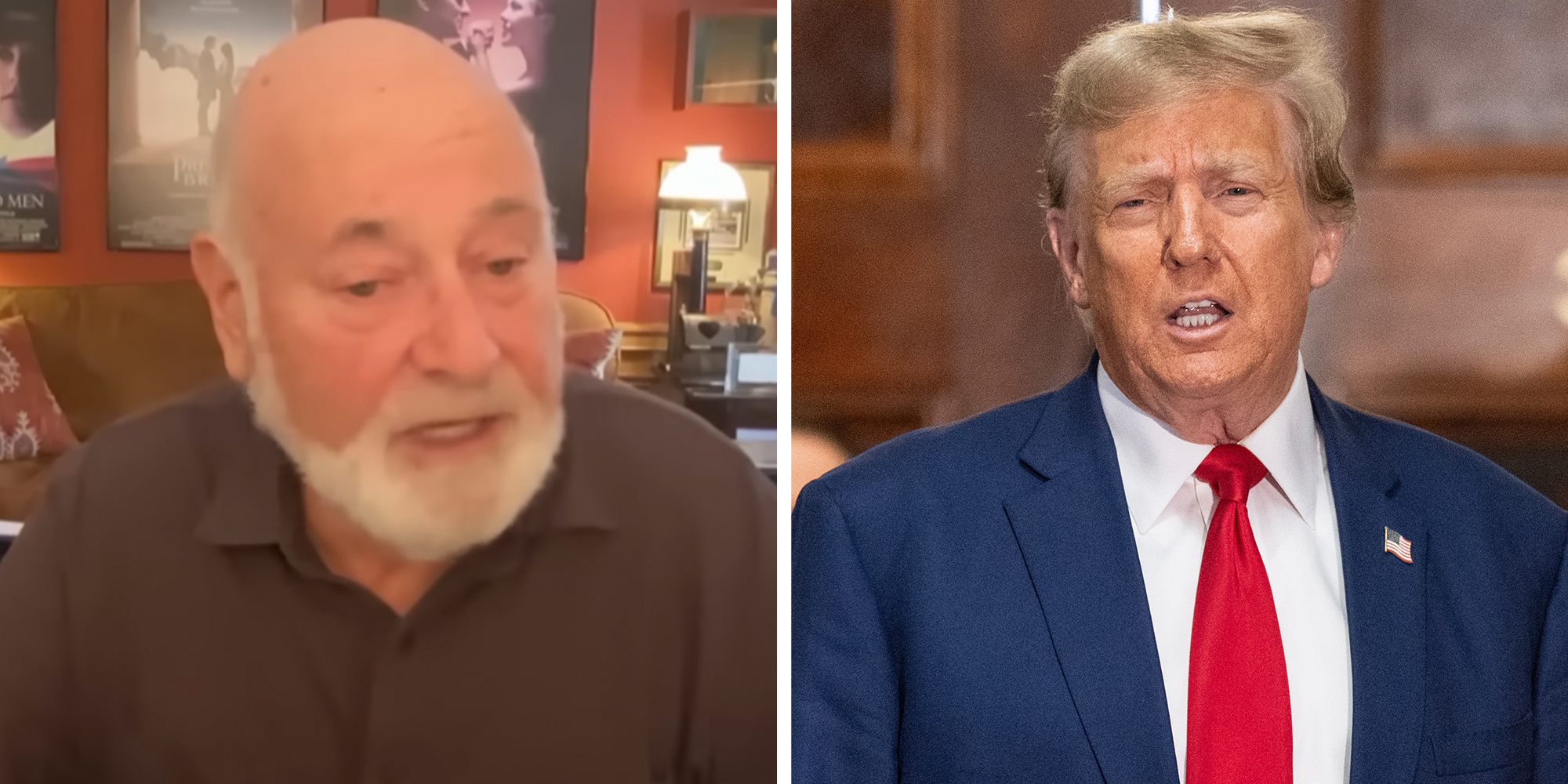 Left: Director Rob Reiner speaking into the camera via Zoom. Right: President Donald Trump speaking while wearing a navy suit and red tie.