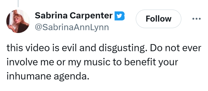 Sabrina Carpenter's tweet response to the deportation video using her song.