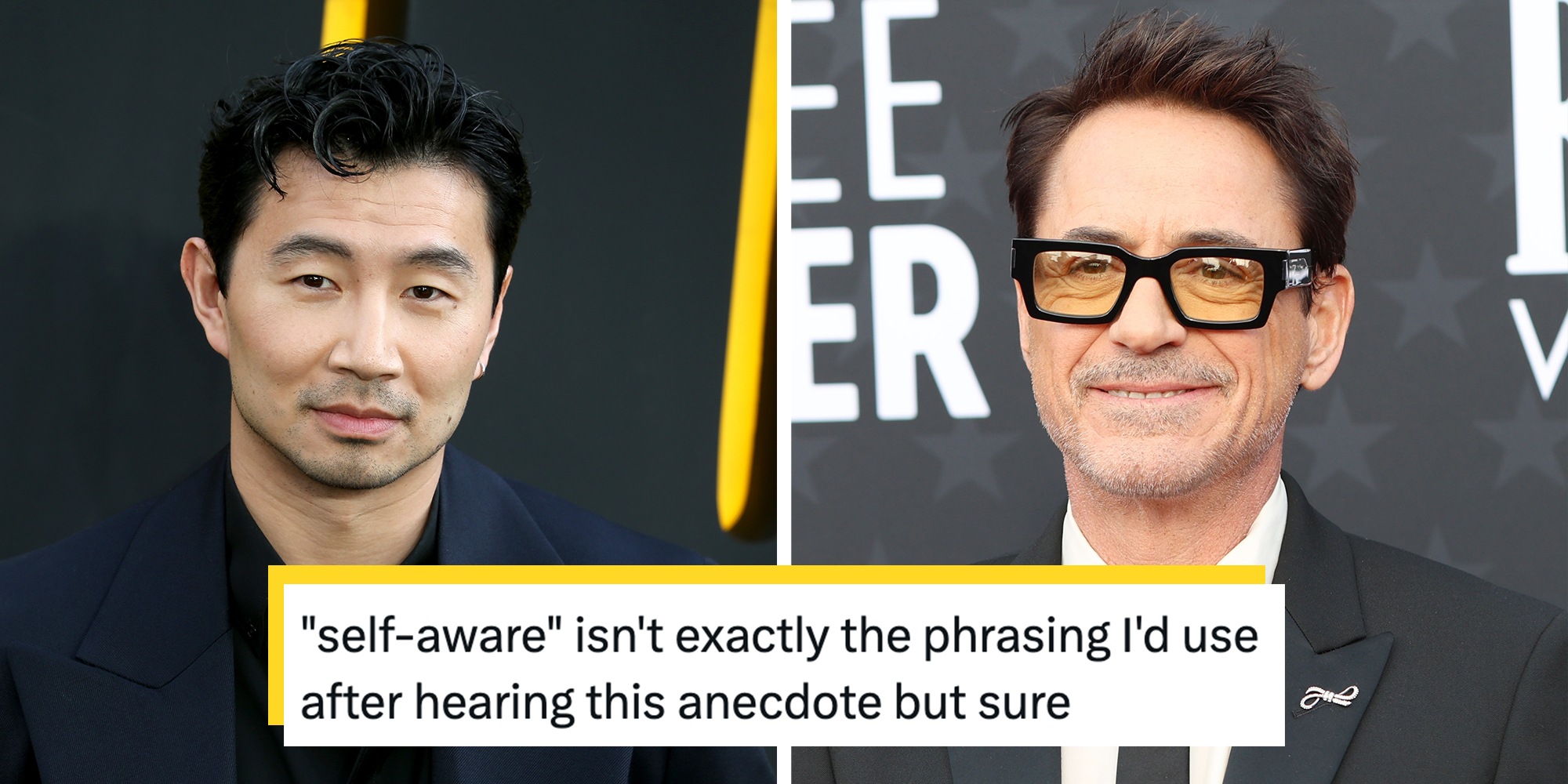 Left: Simu Liu attends the Thunderbolts UK Special Screening at Cineworld Leicester Square in London, England. Right: Robert Downey Jr at the 29th Annual Critics Choice Awards - Arrivals at the Barker Hanger on January 14, 2024 in Santa Monica, CA. Tweet text overlay reads, ""self-aware" isn't exactly the phrasing I'd use after hearing this anecdote but sure."