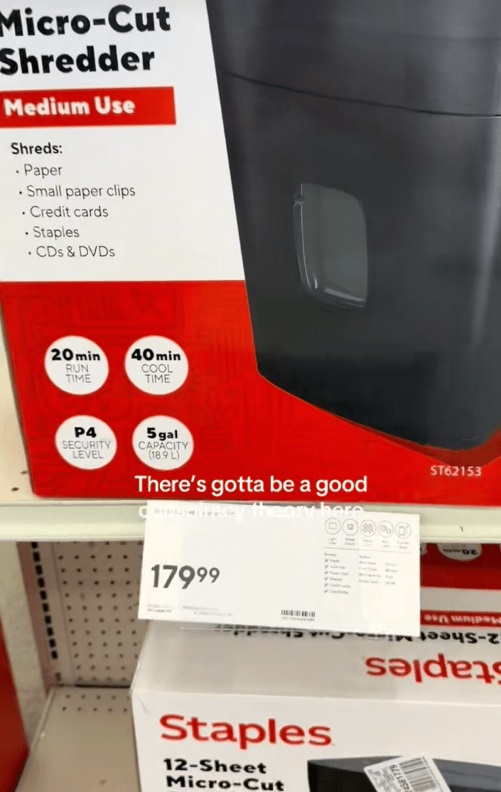 A shredder for $180; costs $28 online.