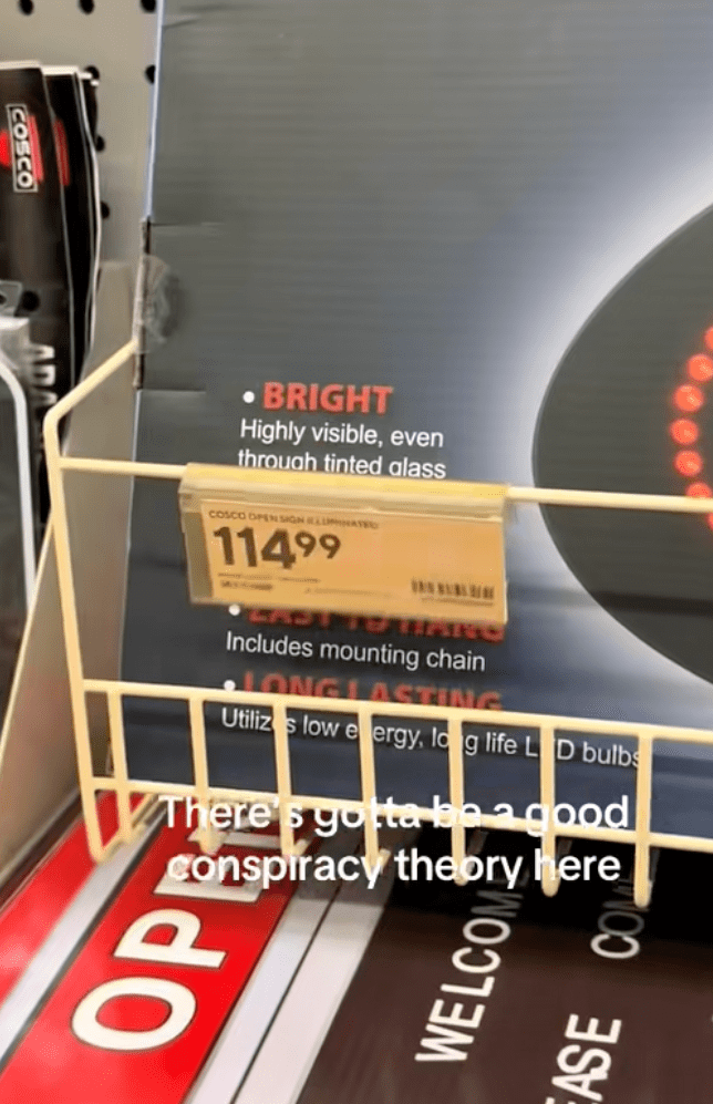 An open sign for $115 at Staples, price checked on Amazon for $26. A shredder for $180; costs $28 online.