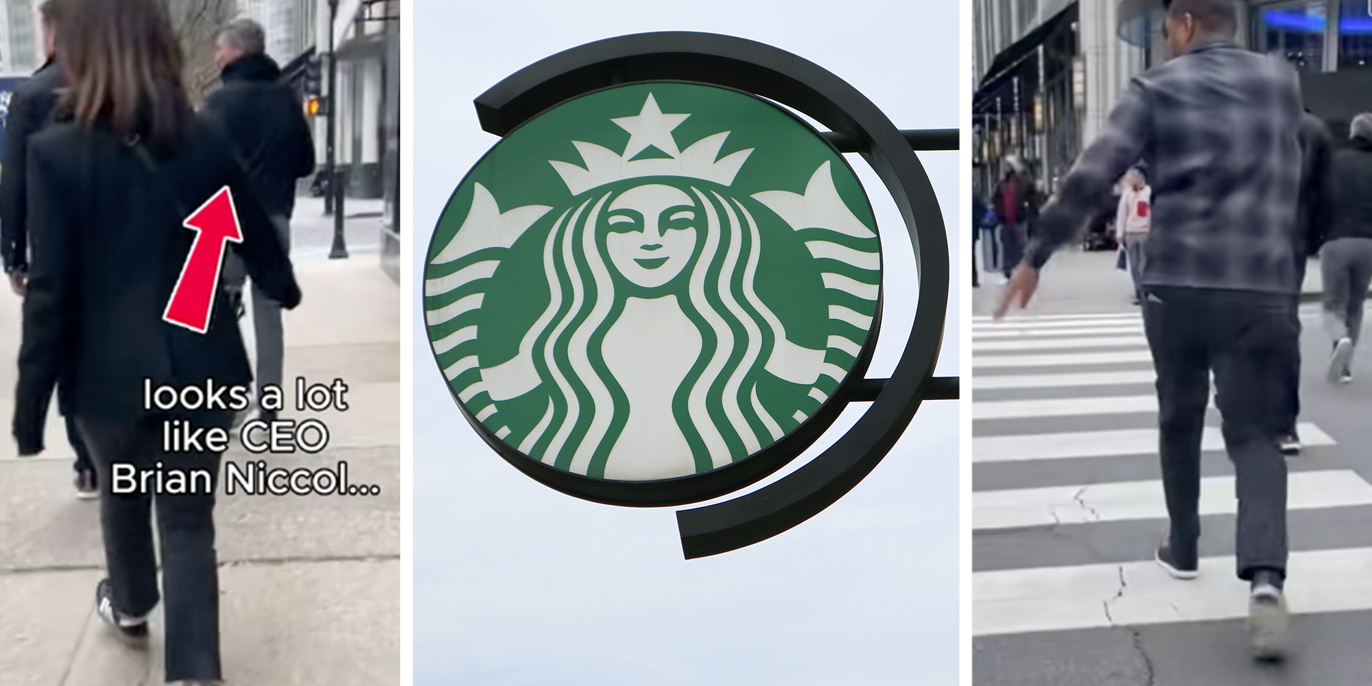 3 Panel: Left: Three people in dark jackets walking down the sidewalk, overlay of a red arrow pointing at one of them alongside text reading, "looks a lot like CEO Brian Niccol..." Middle: Starbucks sign against a gray sky. Right: Men running across pedestrian crosswalk.