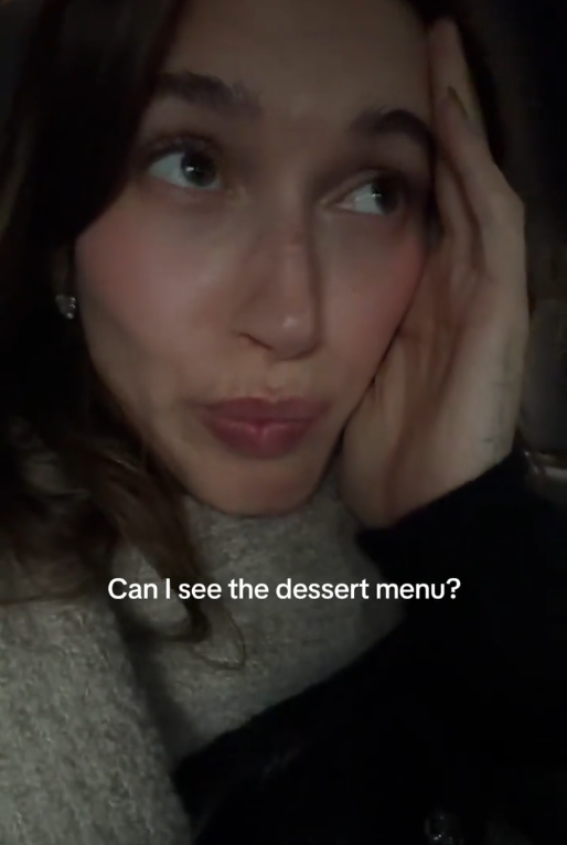 "Come on Superman, say your stupid line" TikTok trend video with Hailey Beiber saying "Can I see the dessert menu?"