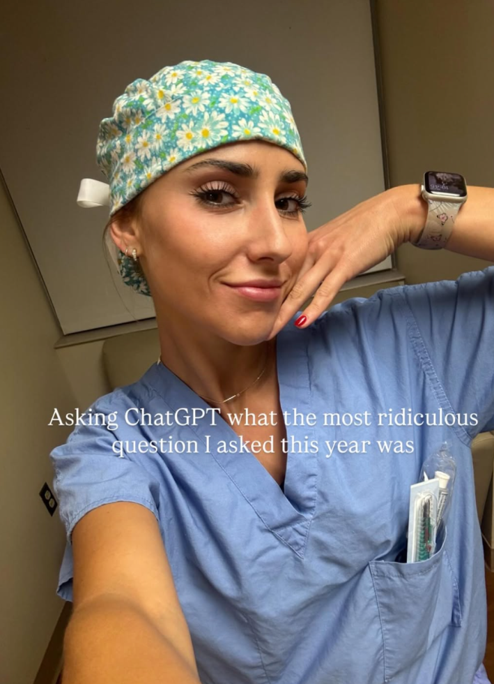 A female surgeon in scrubs posing with a hand under her chin. Text overlay reads, "Asking ChatGPT what the most ridiculous question I asked this year was."