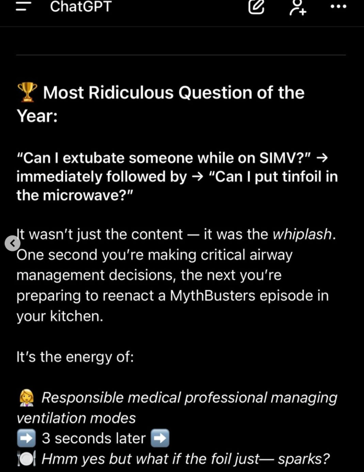 ChatGPT's generated response to the surgeon's "most ridiculous question of the year" prompt.