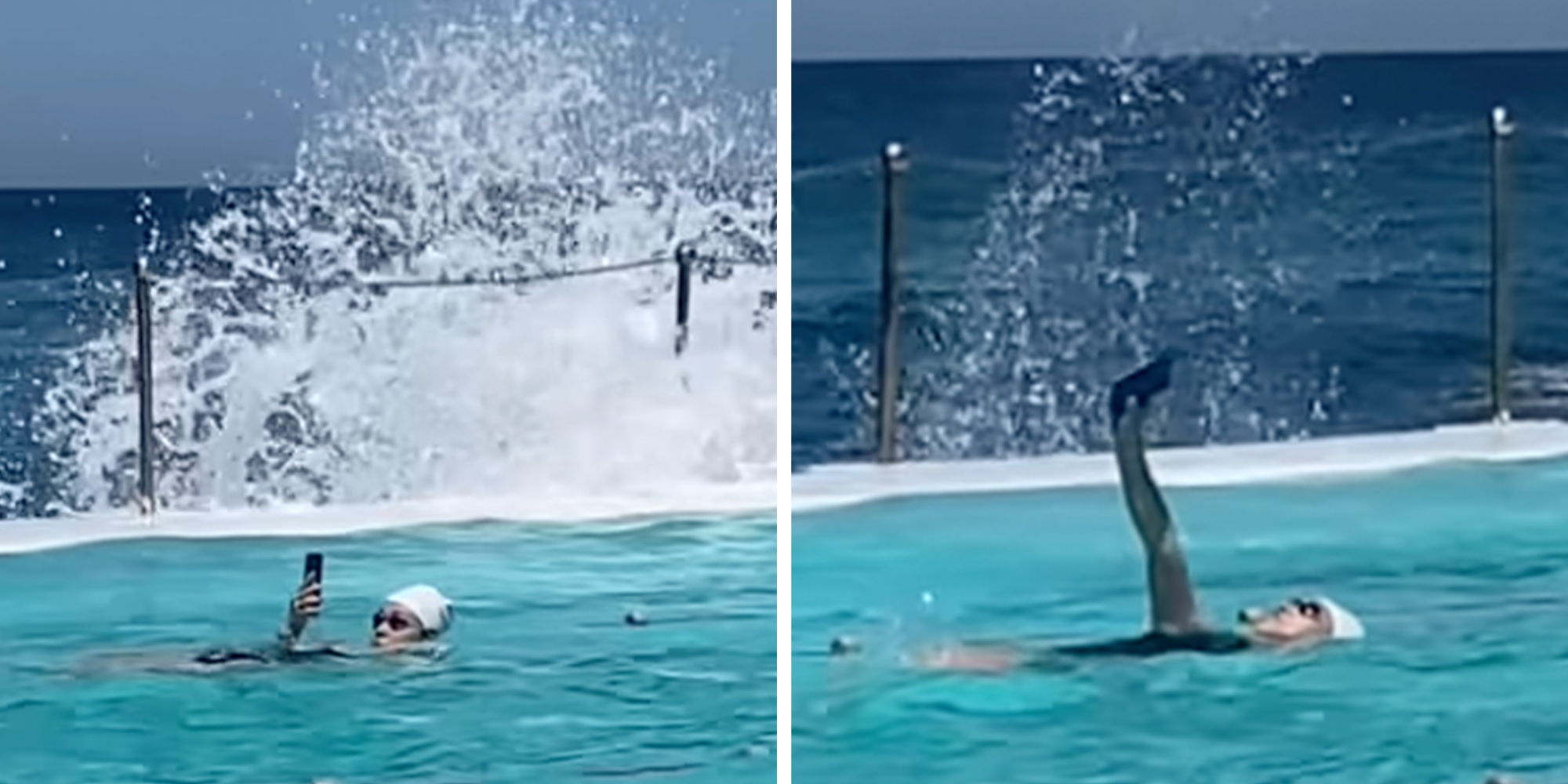 Woman in a swimming cap and swim goggles doing the backstroke in a pool while looking at her phone.
