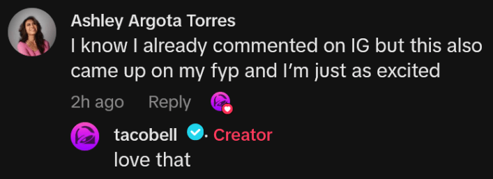 TikTok comment reading "I know I already commented on IG but this also came up on my fyp and I’m just as excited"