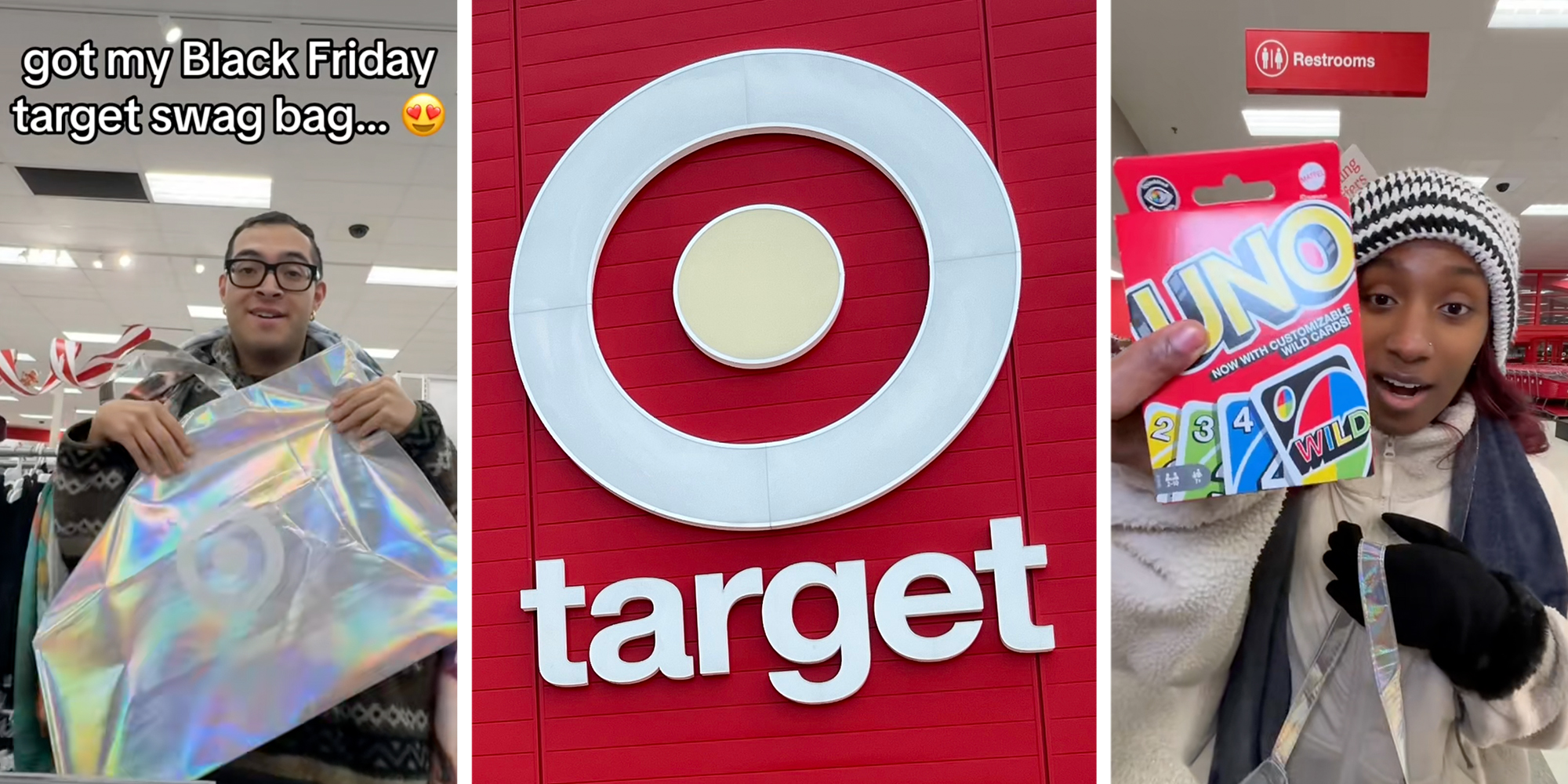 Left: Man standing inside of a Target store, holding a holographic Black Friday swag bag, text overlay reads, "Got my Black Friday Target swag bag..." Middle: Target logo on a store front. Right: Woman standing inside of a Target store, holding a holographic Black Friday swag bag in one hand and a pack of Uno playing cards in the other.
