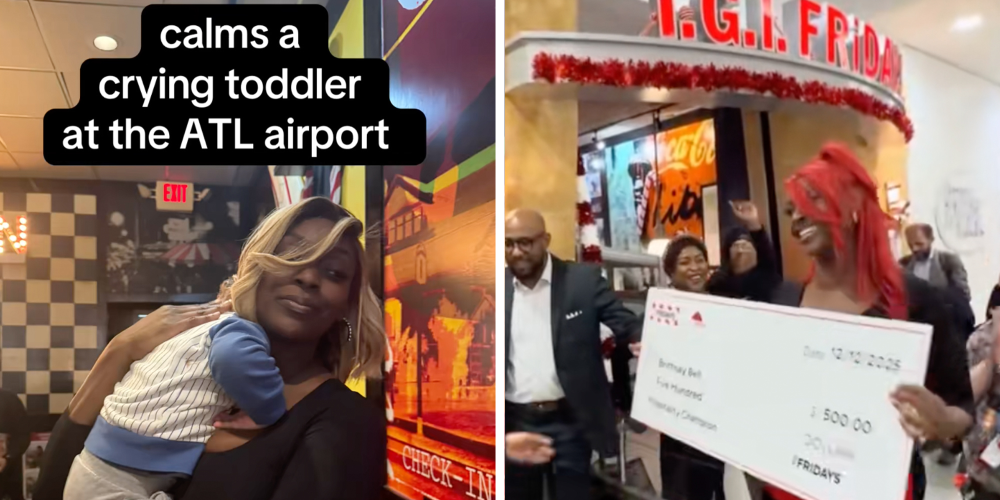 Left: Waitress holding small boy in a TGI Fridays restaurant in the Atlanta Airport, text overlay reads, "calms a crying toddler at the ATL airport." Right: Waitress in a red wig standing in front of a TGI Fridays holding giant check for $500.