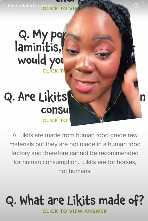 Video of a woman speaking over a screenshot of the Likit company website FAQ saying that Likit horse treats are not safe for human consumption.