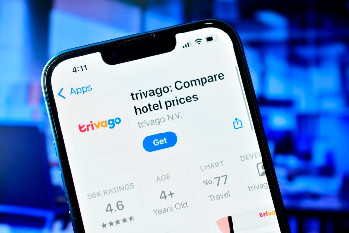 Trivago app on smartphone used to compare and book hotel price online