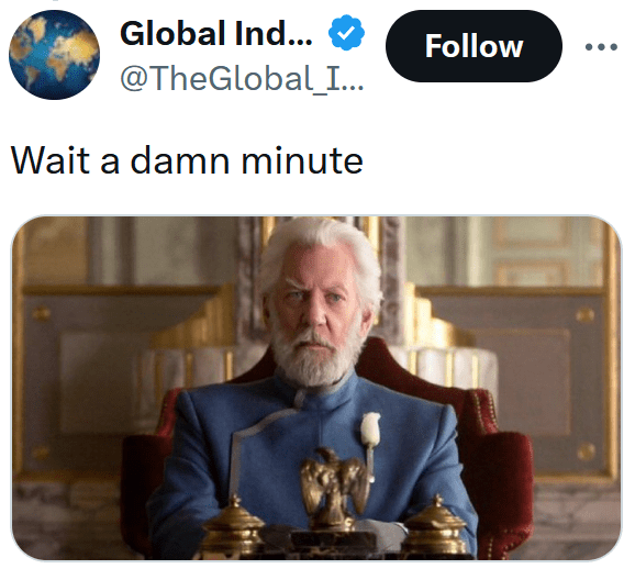 Tweet reading "Wait a damn minute" with a screenshot of President Snow from The Hunger Games.