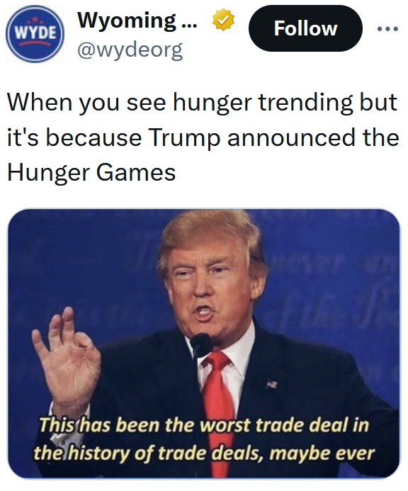 Tweet reading "When you see hunger trending but it's because Trump announced the Hunger Games"