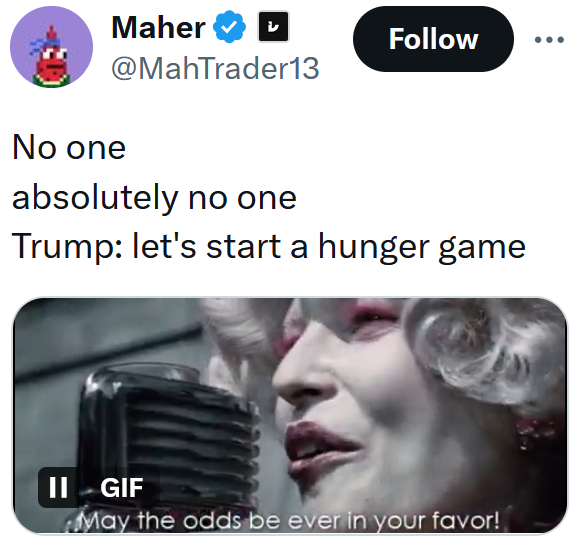 Tweet reading "No one absolutely no one Trump: let's start a hunger game"