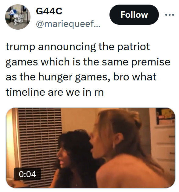Tweet reading "trump announcing the patriot games which is the same premise as the hunger games, bro what timeline are we in rn"
